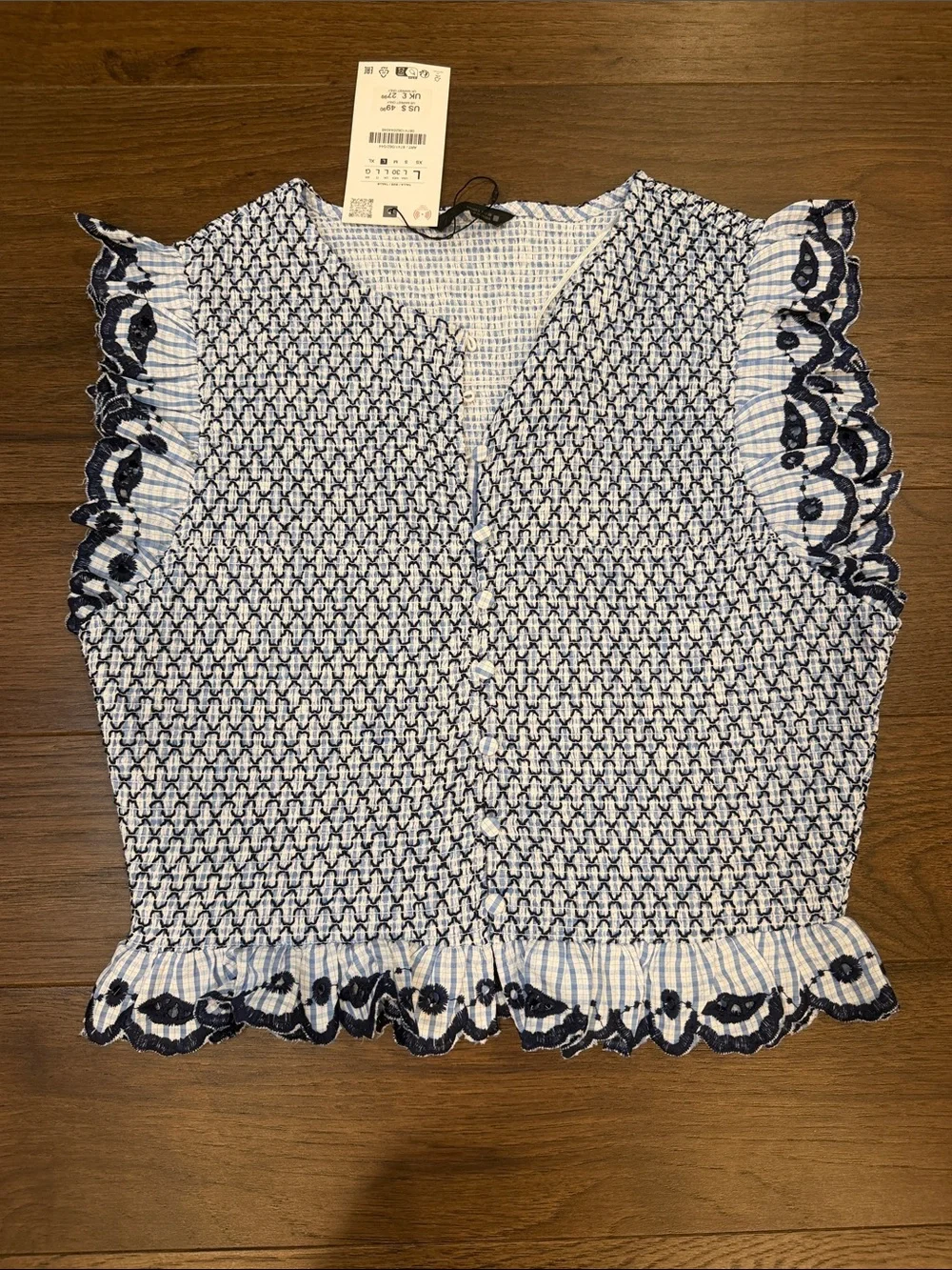 Zara Blue and White Checked Smocked Top Size Large NWT - C30-085 - Picture 2 of 7